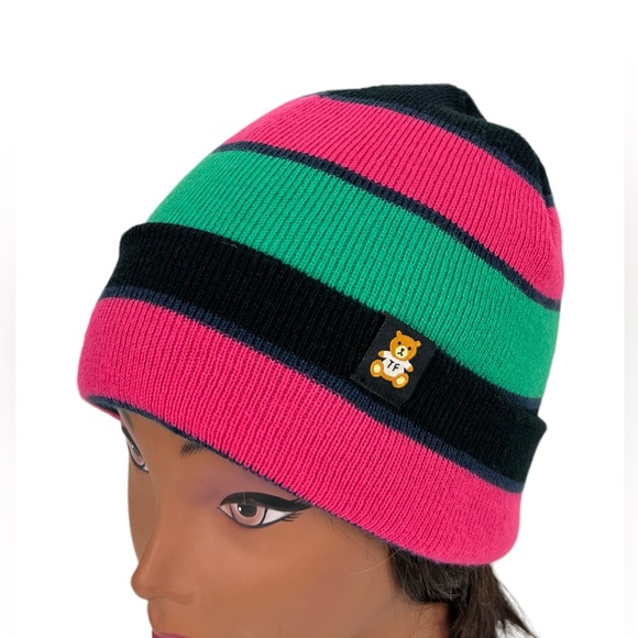 Teddy Fresh Classic Beanie Multicolor Striped Unisex Pink Black Green EUC - Picture 1 of 10